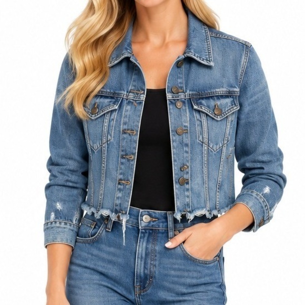 ABLE Denim Jacket Womens Small Blue Cropped Raw Hem